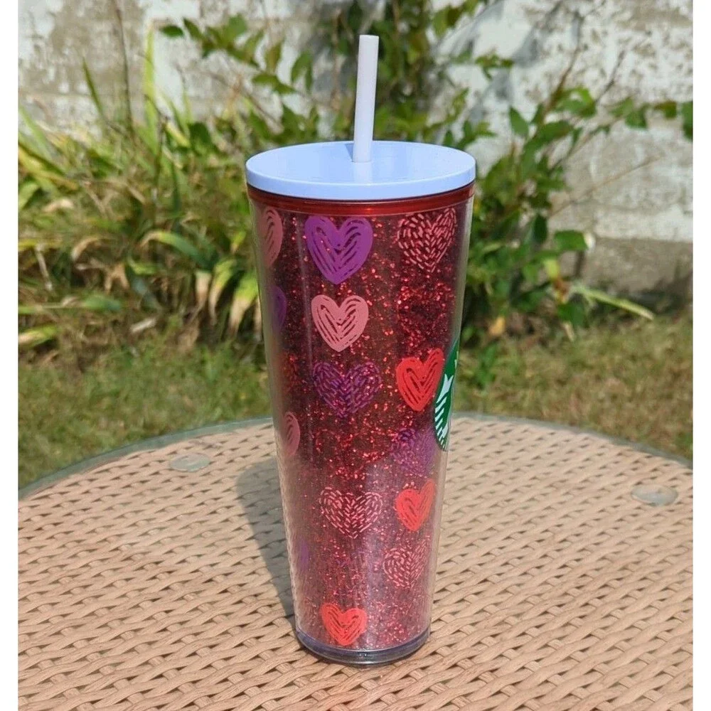 Starbucks Valentine's Day 2022‎ Red Glitter & Hearts Tumbler. 24 fl oz Venti